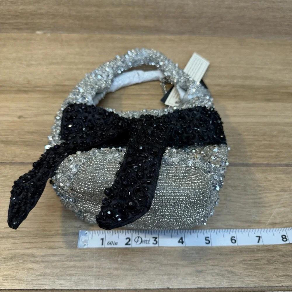 Silver Beaded Mini Bag Black Bow Crystal Sequin Sparkle Party Purse India